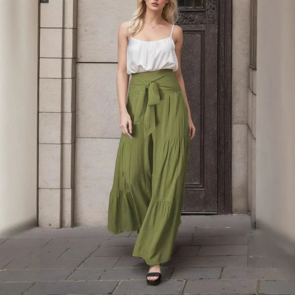 Dámské culottes – Široké nohavice – Nastavitelný pas s vázáním – Plynulá přírodní vlákna