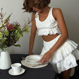 Dámský dvoudílný set – prodyšná bavlna – krajkový volánový crop top – rozšířená minisukně