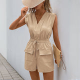 Dámský overal – Výstřih do V – Volný střih – Stahovací šňůrka v pase – Bez rukávů