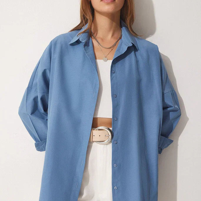 Dámská halenka oversized – Měkká bavlna – Dlouhý rukáv – Zapínání na knoflíky – Klasický límec