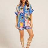 Dámská souprava košile a kraťasů – Volný střih – Prodyšná látka – Umělecký potisk