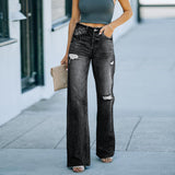 Dámské džíny – Vysoký pas – Volný střih – Široké nohavice – Opotřebovaný denim – Celoproudé