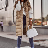 Dámská prošívaná vesta – Rovný střih – S kapucí – Délka ke kolenům – Zapínání na knoflíky