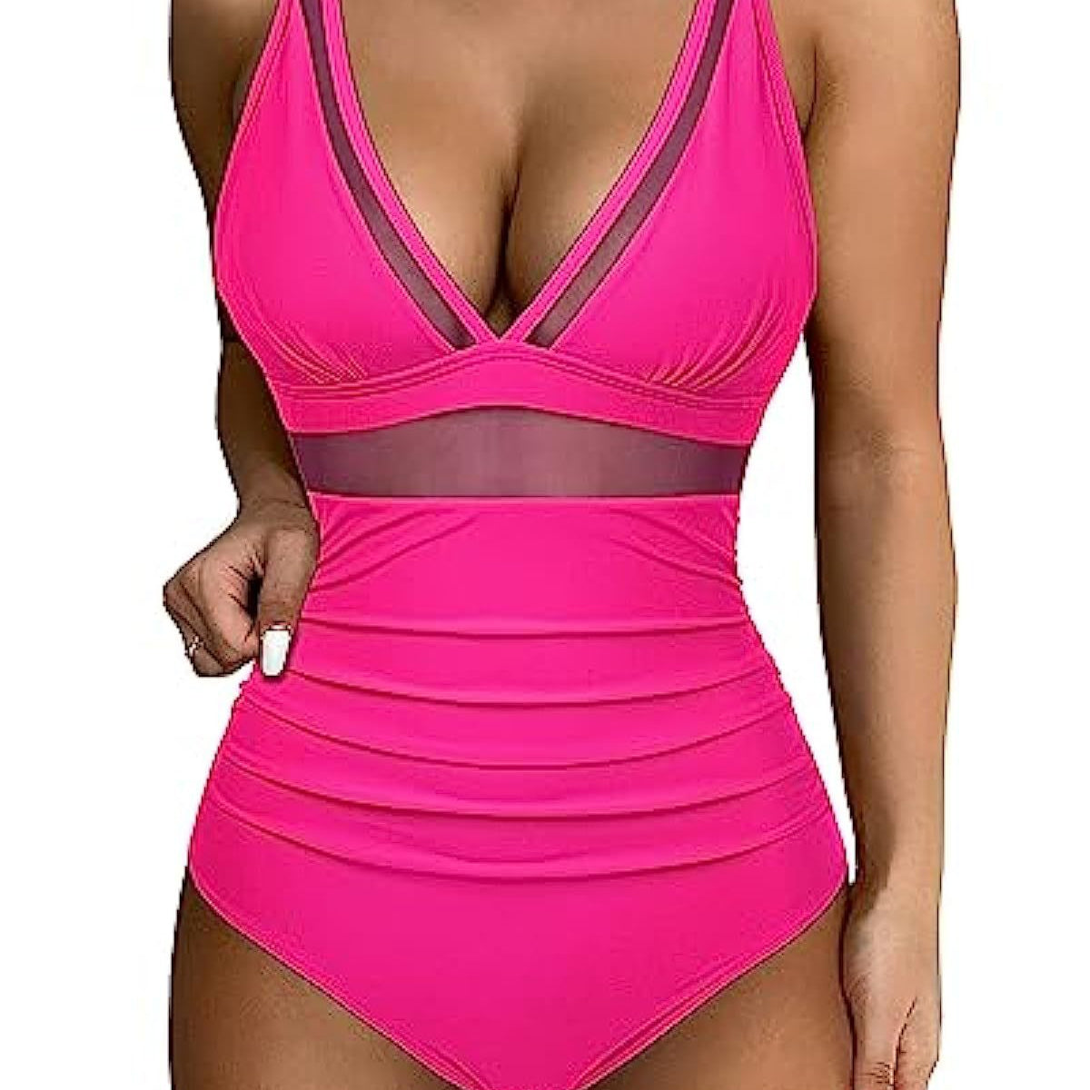 Dámské jednodílné plavky – Hluboký výstřih – Tvarující síťovina – Tylové panely