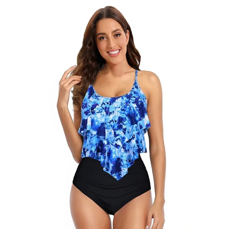 Dámské plavky – Vysoký výstřih – Nabírané detaily – Volány – Nastavitelná ramínka