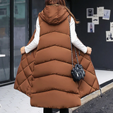 Dámský dlouhý prošívaný kardigan s kapucí – volný střih – kapsy na zip