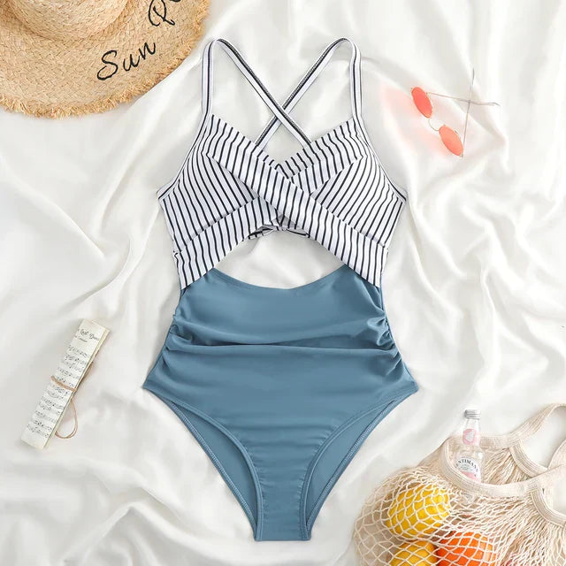 Dámské jednodílné plavky – Přiléhavý střih – Překřížený výstřih – Výstřih v pase – Květinový potisk