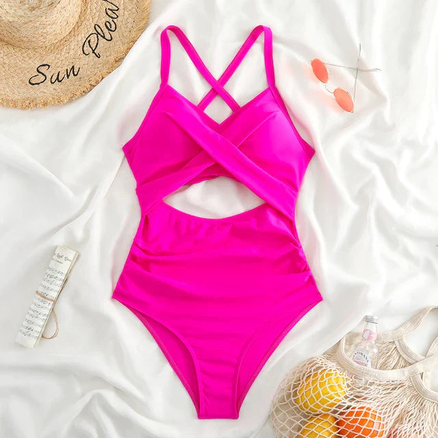 Dámské jednodílné plavky – Přiléhavý střih – Překřížený výstřih – Výstřih v pase – Květinový potisk