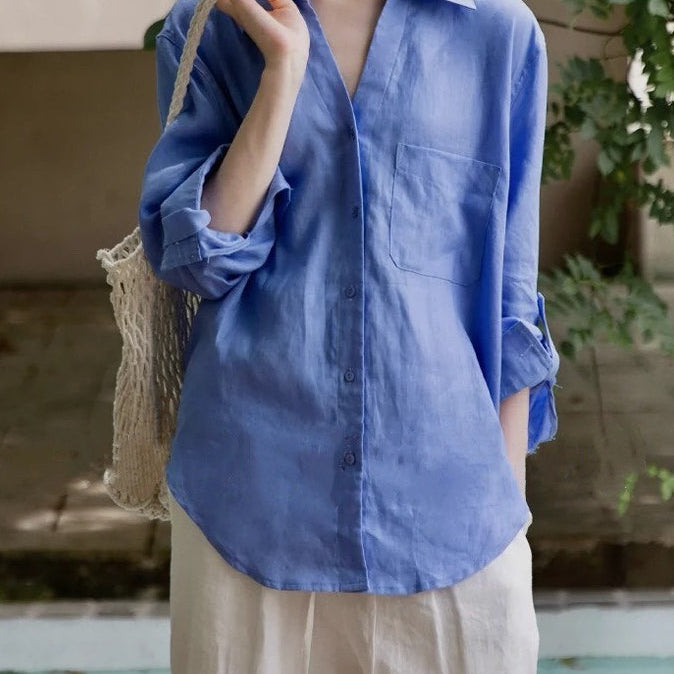 Volná lněná halenka, minimalistický a ležérní styl