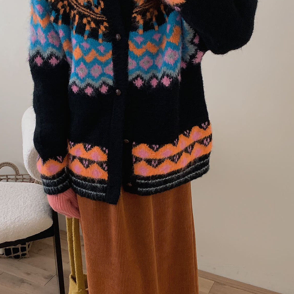 Vintage žakárová pletená vesta Fair Isle s barevnými bloky