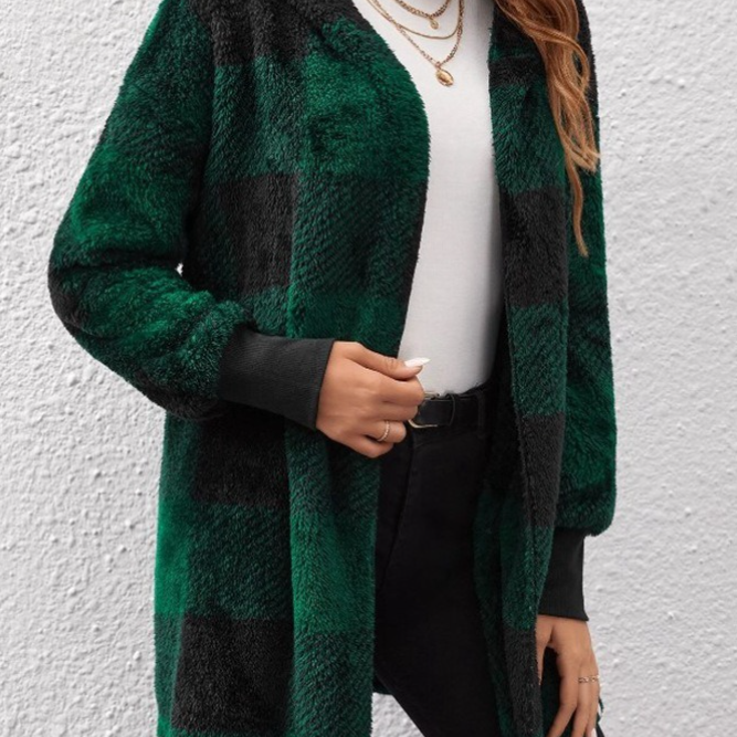 Volný kostkovaný kardigan s barevnými bloky, elegantní kabát