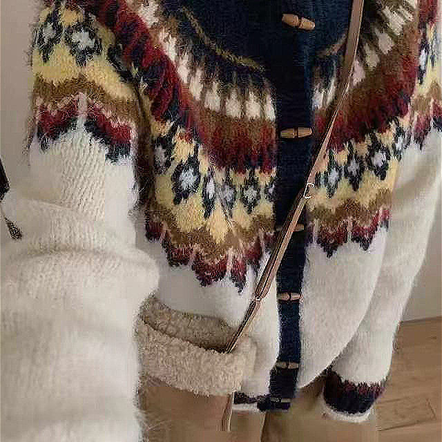 Pletený kardigan Fair Isle s kulatým výstřihem a rohovinovými knoflíky, kulatý výstřih