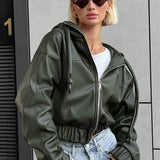 Volná streetwear bunda s kapucí z černé umělé kůže