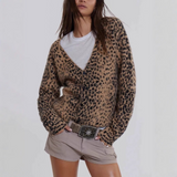 Dámský pletený kardigan – Volný střih – Nadýchaná textura – Leopardí potisk