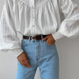 Bílá žakárová bavlněná halenka s vysokým límcem