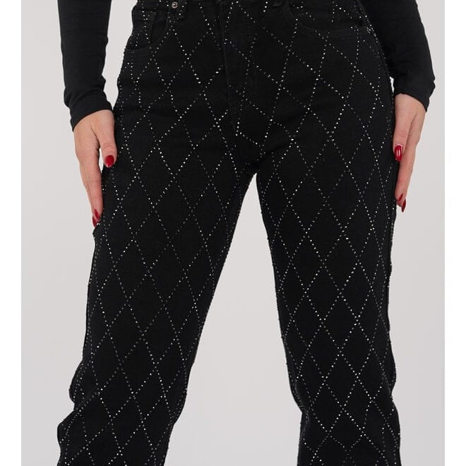 Dámské kalhoty - Vysoký pas - Široké nohavice - Kosočtvercový vzor s nýty - Elegantní styl