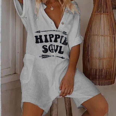 Dámský overal na knoflíky - Hippie potisk - Krátký rukáv - Volný střih