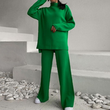 Dámská souprava domácího oblečení – Měkký úplet – Volný střih – Top s kulatým výstřihem a kalhoty se širokými nohavicemi