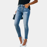 Dámské úzké džíny – Strečový denim – Seprané – Zapínání na knoflíky – Po celé délce