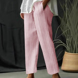 Dámské kalhoty s širokými nohavicemi – Len a bavlna – Stahovací šňůrka v pase – Pruhy – Volný střih
