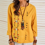 Dámská ležérní halenka – Bavlna/lněné kalhoty – Volný střih – 3/4 rukávy – Květinová výšivka