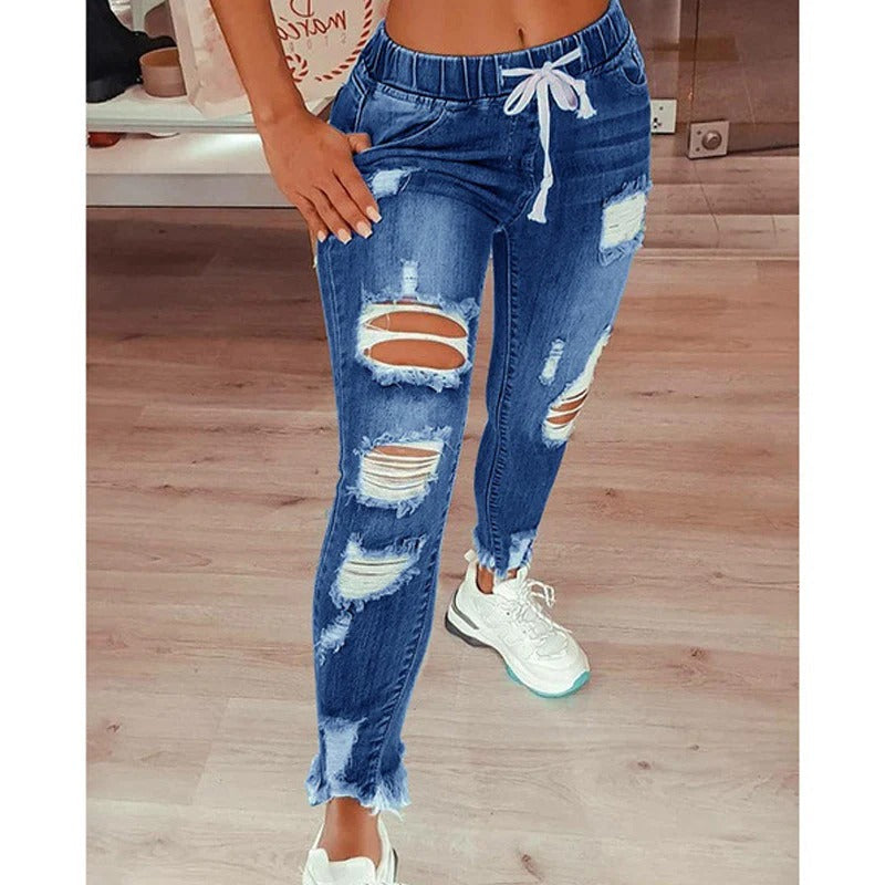 Dámské kalhoty slim fit – opotřebovaný efekt – elastický pas – nastavitelná stahovací šňůrka – městský styl