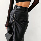 Dámská pouzdrová sukně – Umělá kůže – Vysoký pas – Přední zip – Midi délka