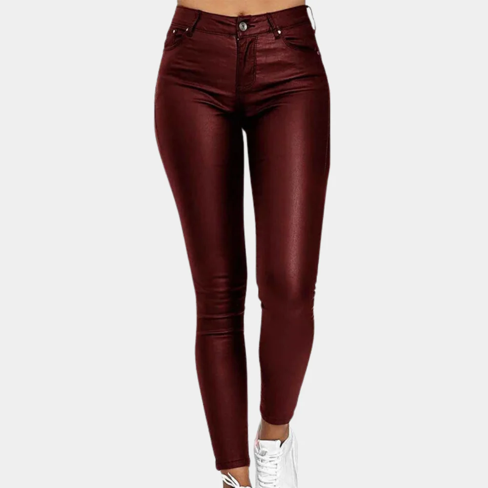 Dámské kalhoty slim fit – S koženým efektem – Dlouhý střih – Model s 5 kapsami
