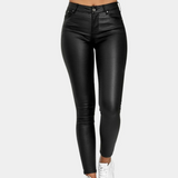 Dámské kalhoty slim fit – S koženým efektem – Dlouhý střih – Model s 5 kapsami