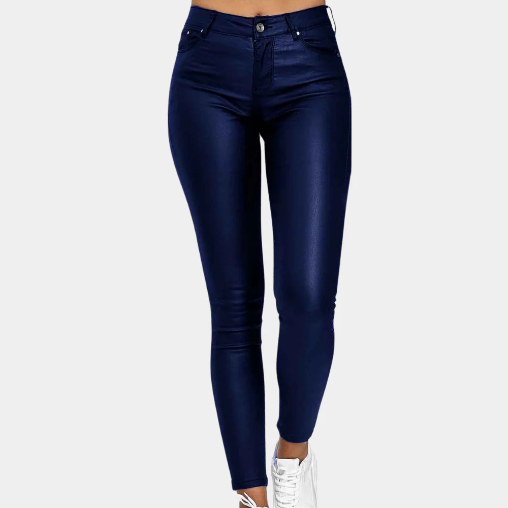 Dámské kalhoty slim fit – S koženým efektem – Dlouhý střih – Model s 5 kapsami