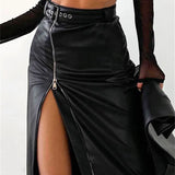 Dámská pouzdrová sukně – Umělá kůže – Vysoký pas – Přední zip – Midi délka