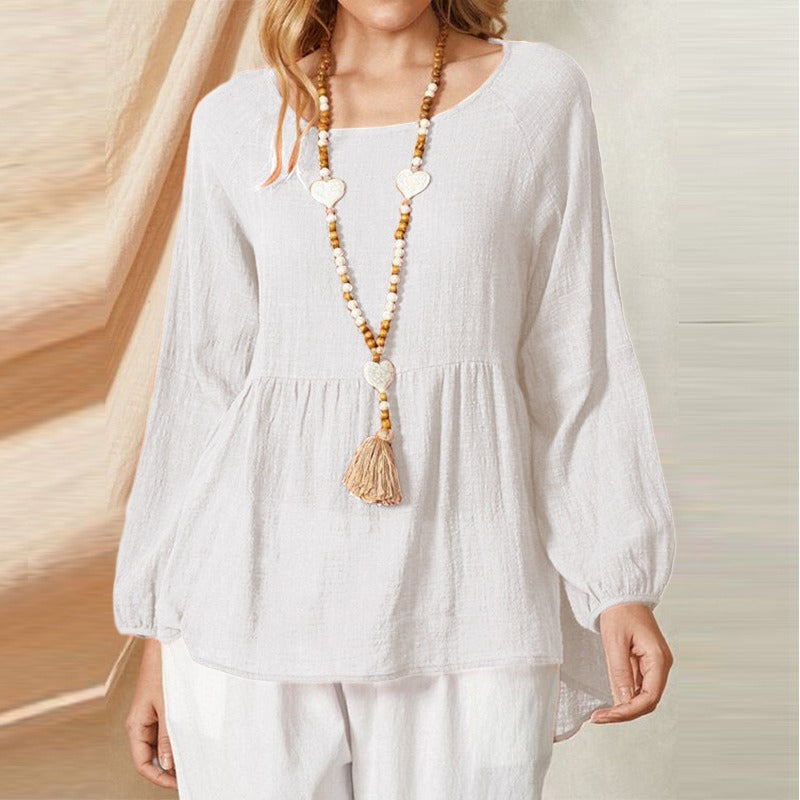 Dámská košile babydoll – Volný střih – Rukávy s lanteriérem – Bavlněné lněné kalhotky – Kulatý výstřih