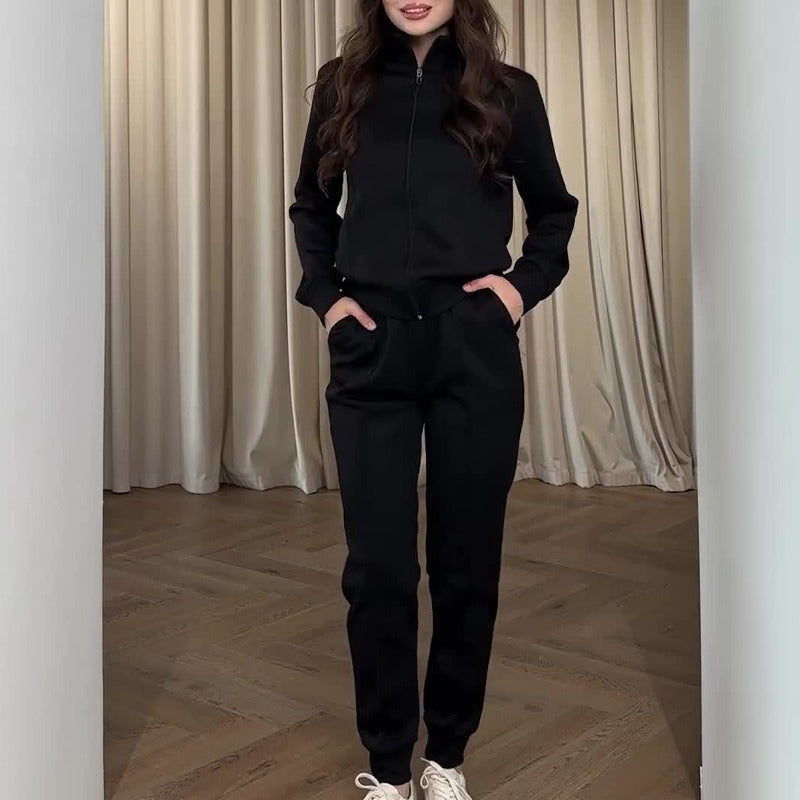 Dámský ležérní outfit – Měkký úplet – Top na zip – Zúžené kalhoty