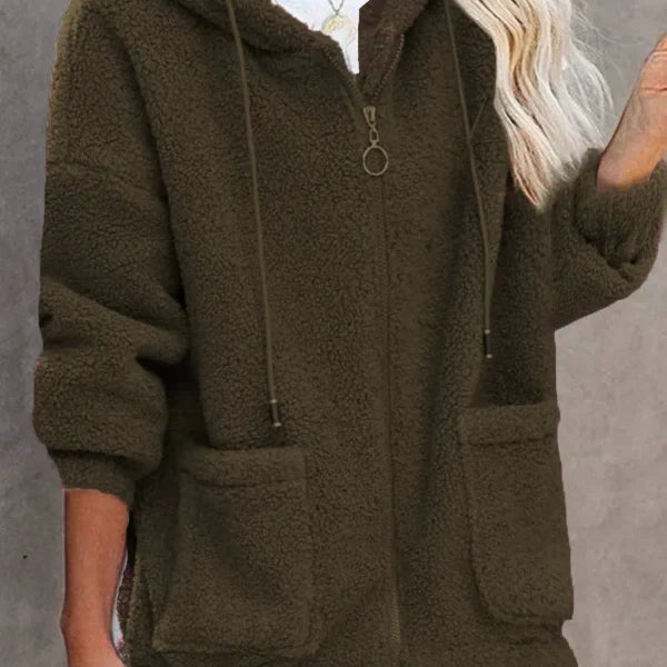 Dámský kardigan s kapucí – Volný střih – Měkký fleece – Zapínání na zip – Klokaní kapsy
