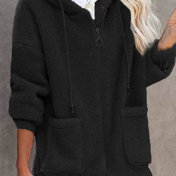 Dámský kardigan s kapucí – Volný střih – Měkký fleece – Zapínání na zip – Klokaní kapsy