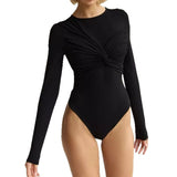 Body femme – Manches longues – Coupe ajustée – Fronces élégantes – Tissu stretch