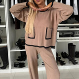 Dámská souprava domácího oblečení – Žebrovaný úplet – Volný střih – Kontrastní lemování – Celoproudý