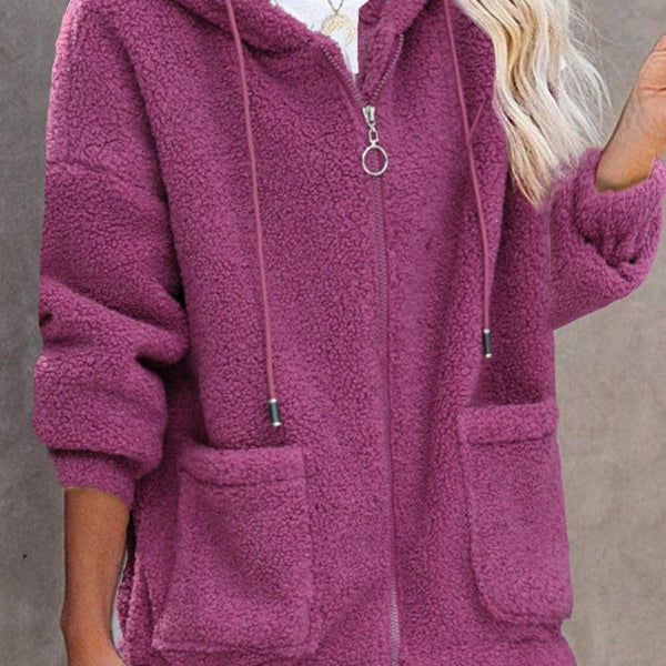 Dámský kardigan s kapucí – Volný střih – Měkký fleece – Zapínání na zip – Klokaní kapsy