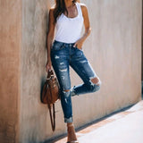 Dámské úzké džíny – Slim fit – Strečový denim – Efekt opotřebení – Ohrnutý lem