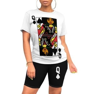 Dámská souprava trička a kraťasů – Volný střih – Grafický potisk – Bavlněný pocit