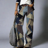 Dámské džíny - Tkaný denim - Vysoký pas - Široké nohavice - Botanický potisk