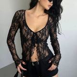 Průsvitná krajková kardiganová halenka se zavazováním