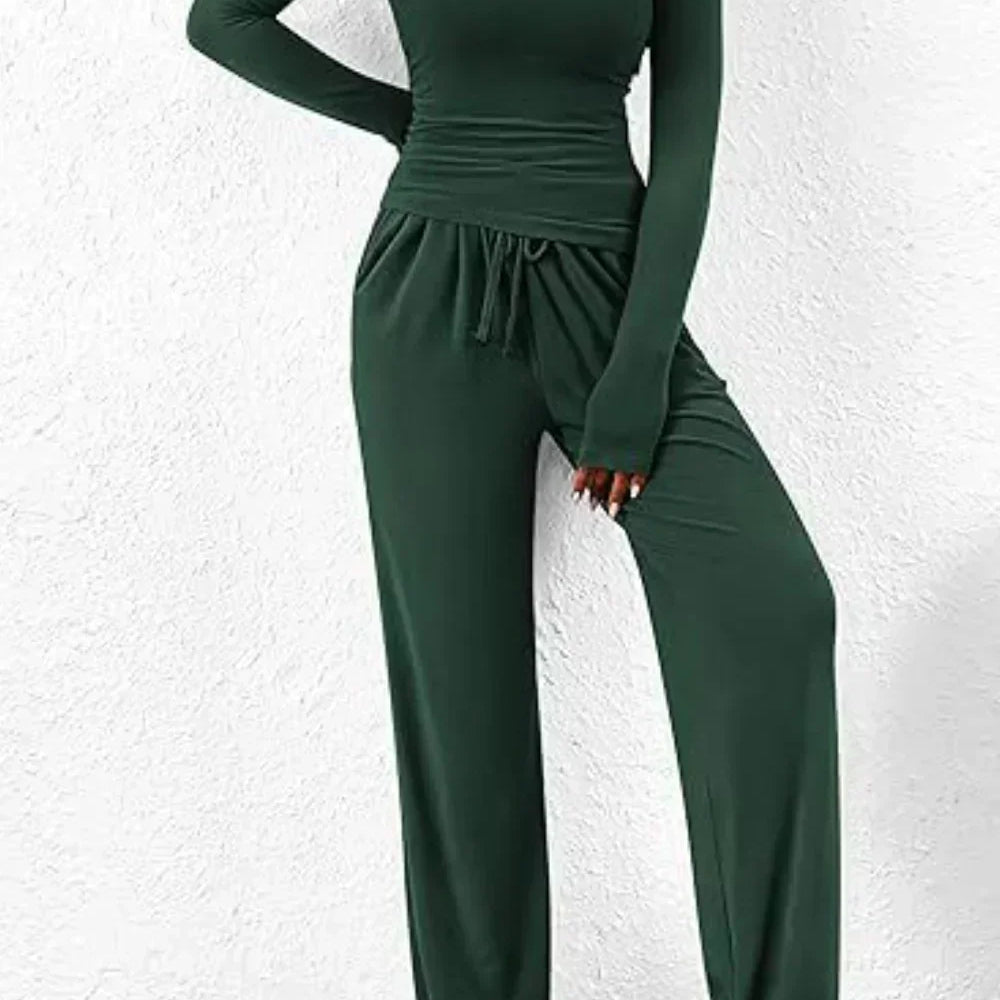 Dámská společenská souprava – top s dlouhým rukávem a kulatým výstřihem – široké kalhoty s elastickým pasem