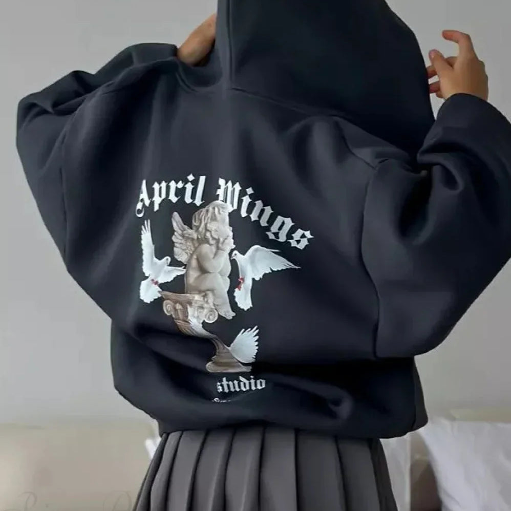 Volná mikina na zip v ležérním streetwear stylu s potiskem andělů