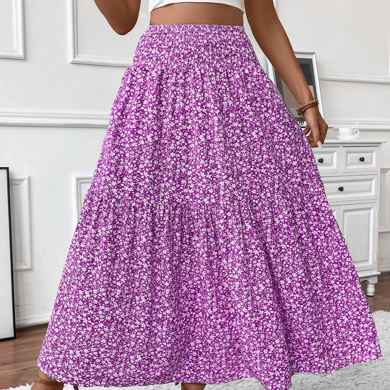 Dámská dlouhá sukně - Elastický pas - Volánkový vzor - Květinový potisk
