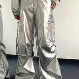 Kalhoty cargo s vysokým pasem a stříbrnými ohrnutými manžetami