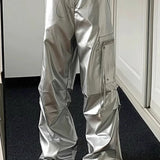 Kalhoty cargo s vysokým pasem a stříbrnými ohrnutými manžetami