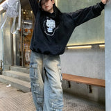Džínové cargo kalhoty s patchworkovými kapsami a kapsami ve stylu streetwear
