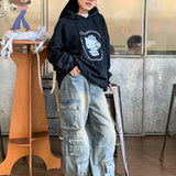Džínové cargo kalhoty s patchworkovými kapsami a kapsami ve stylu streetwear