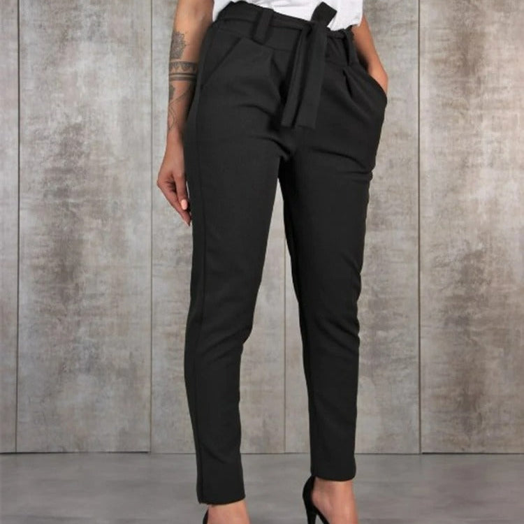 Dámské kalhoty - Strečová tkanina - Vysoký pas - Slim Fit - Zavazovací pásek
